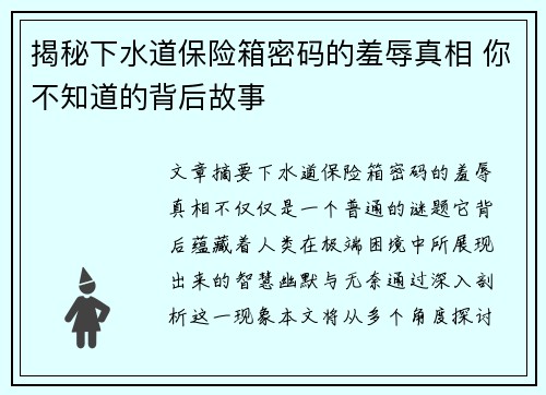 揭秘下水道保险箱密码的羞辱真相 你不知道的背后故事